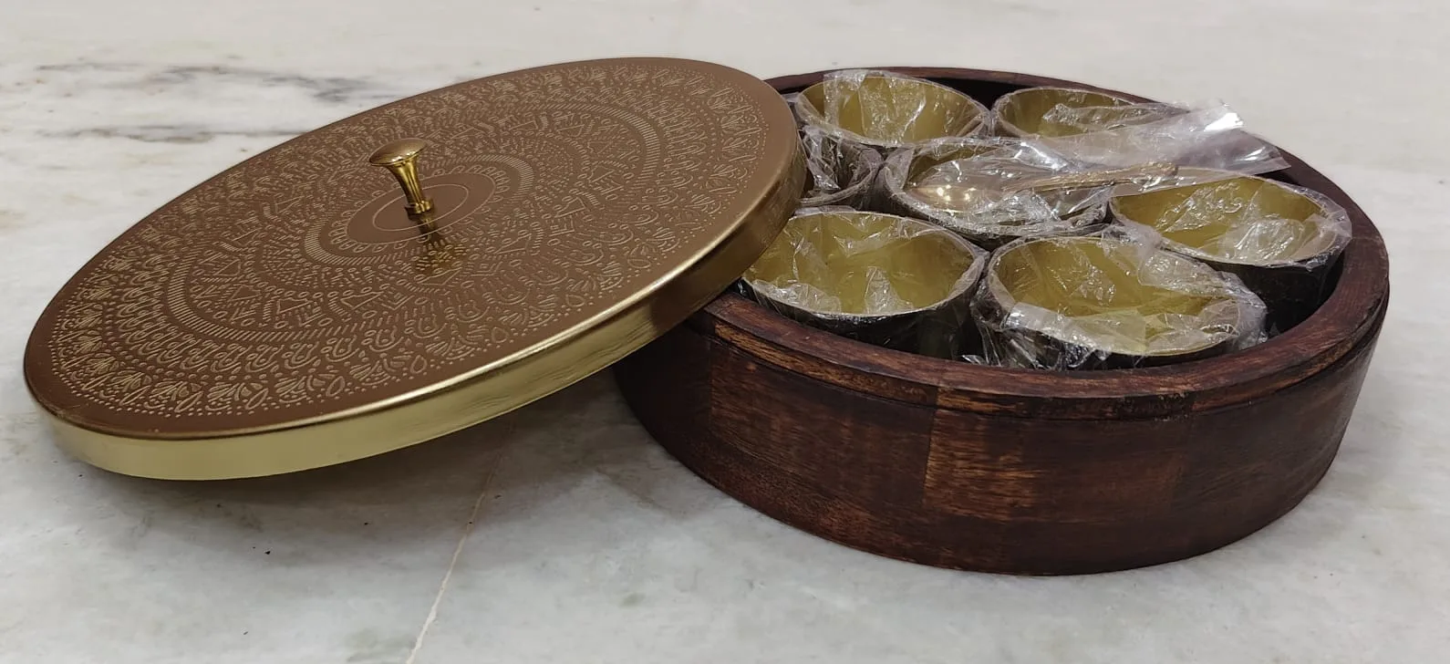 Decorative Round Storage Box with Engraved Metal Lid view 3